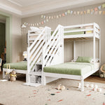 Bunk Bed with 3 Beds and Storage Ladder, White Pine Wood