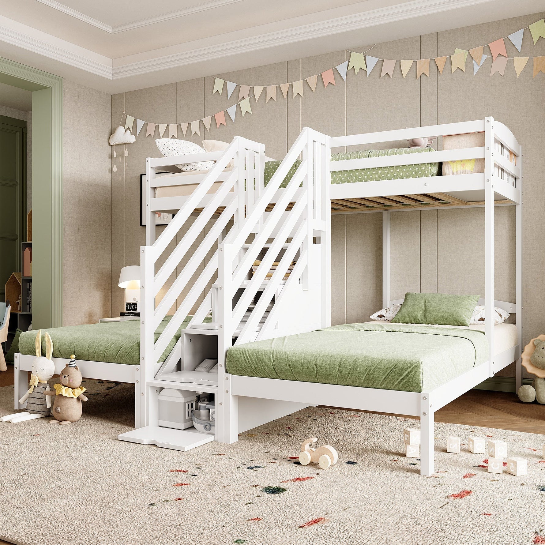 Bunk Bed with 3 Beds and Storage Ladder, White Pine Wood