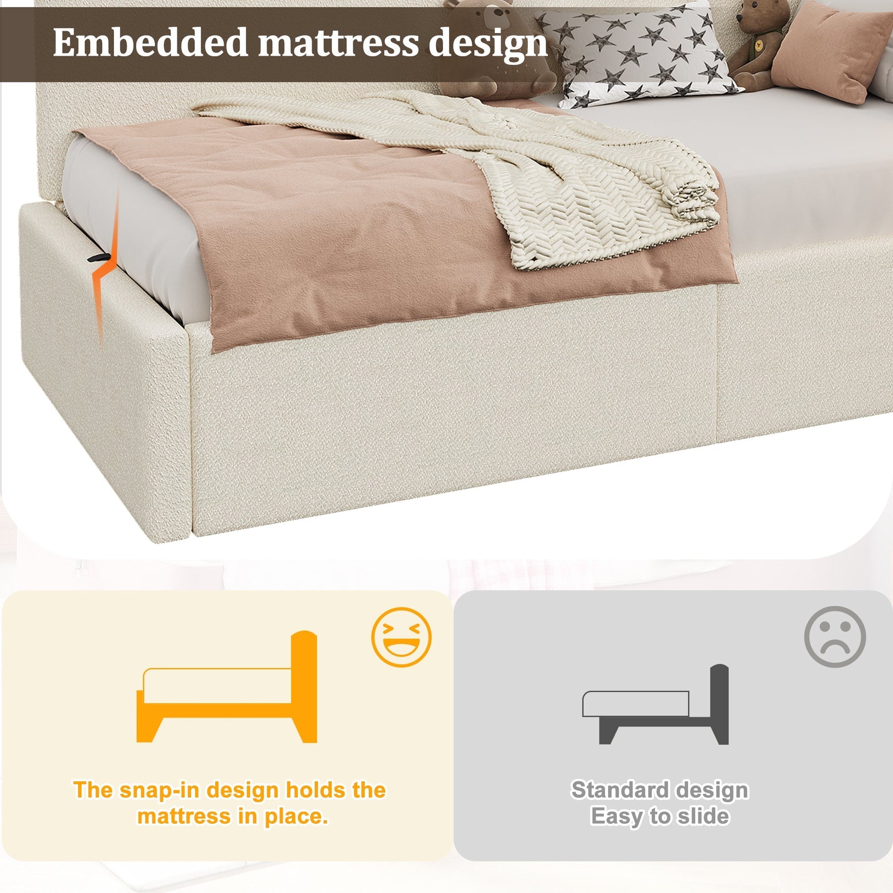 Daybed with Hydraulic Storage, USB Port and Reading Lamp, 90x200cm, Beige Boucle