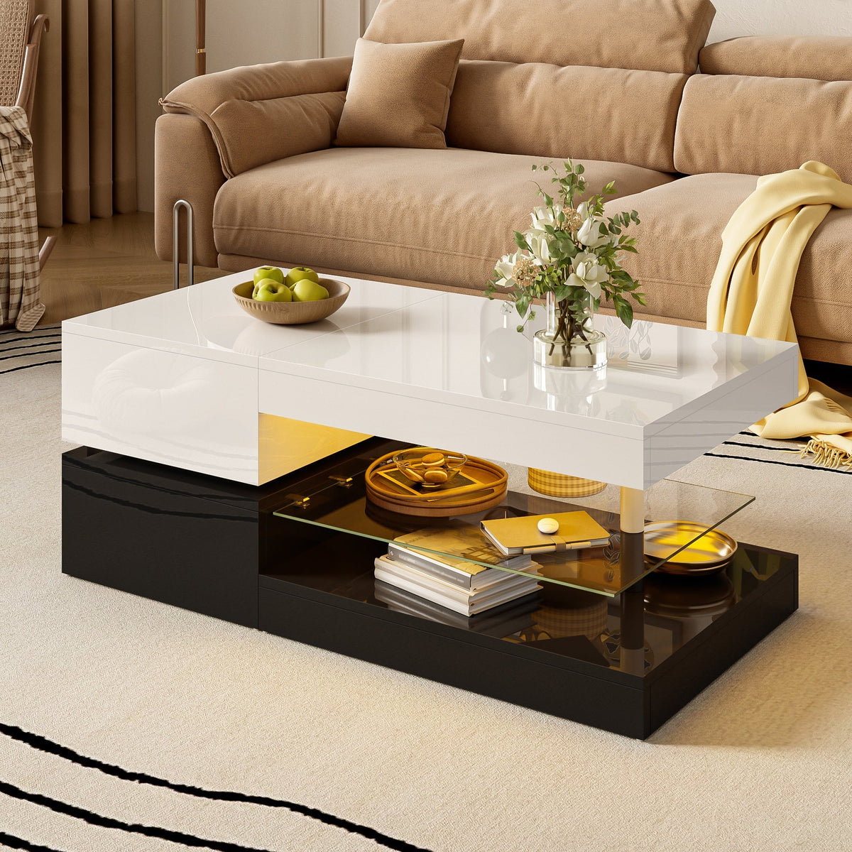 Modern Coffee Table with LED Ambient Lighting, Glass Shelf, High-Gloss Surface, Black and White