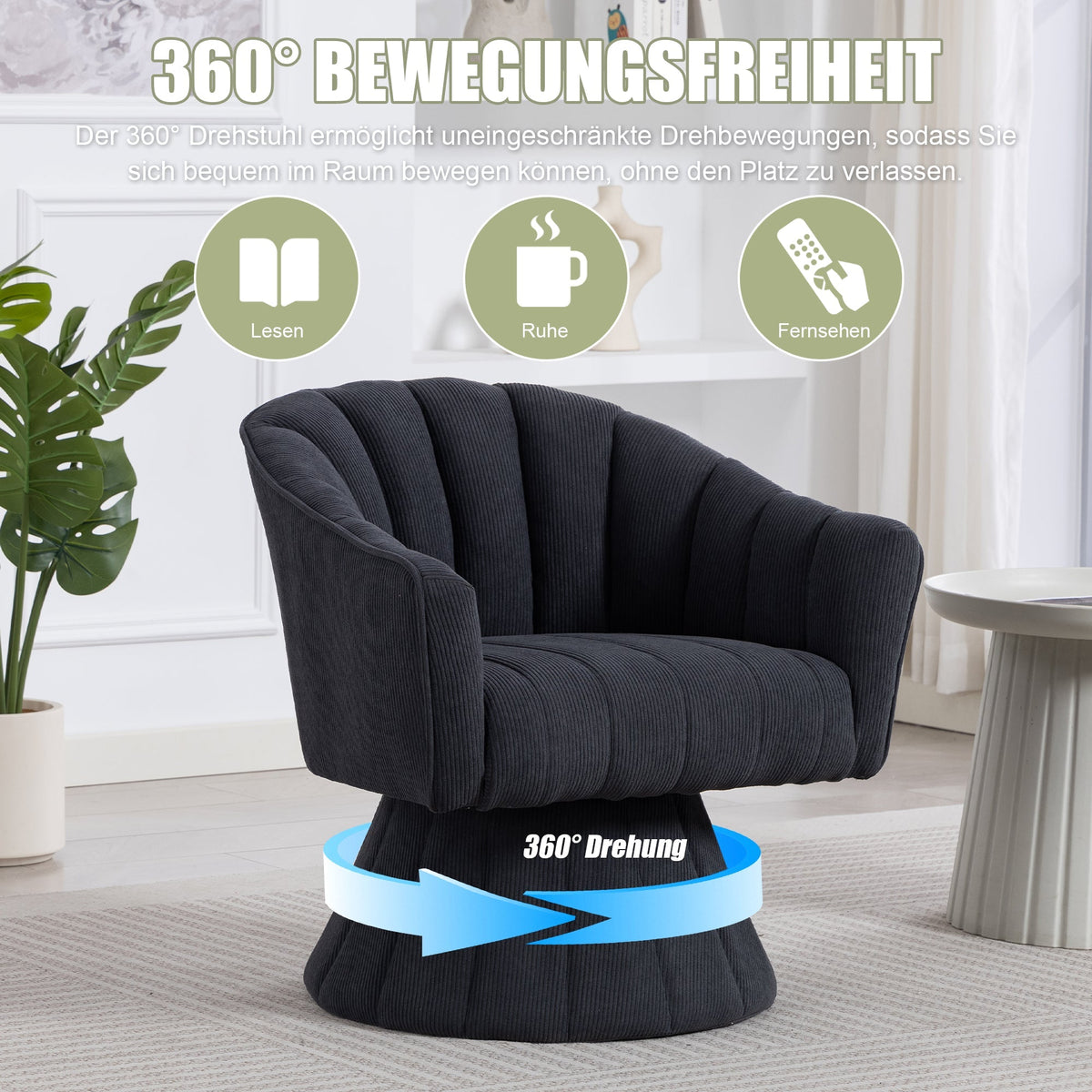 360° Swivel Chair with Ergonomic Cushions and Armrests, Dark Grey