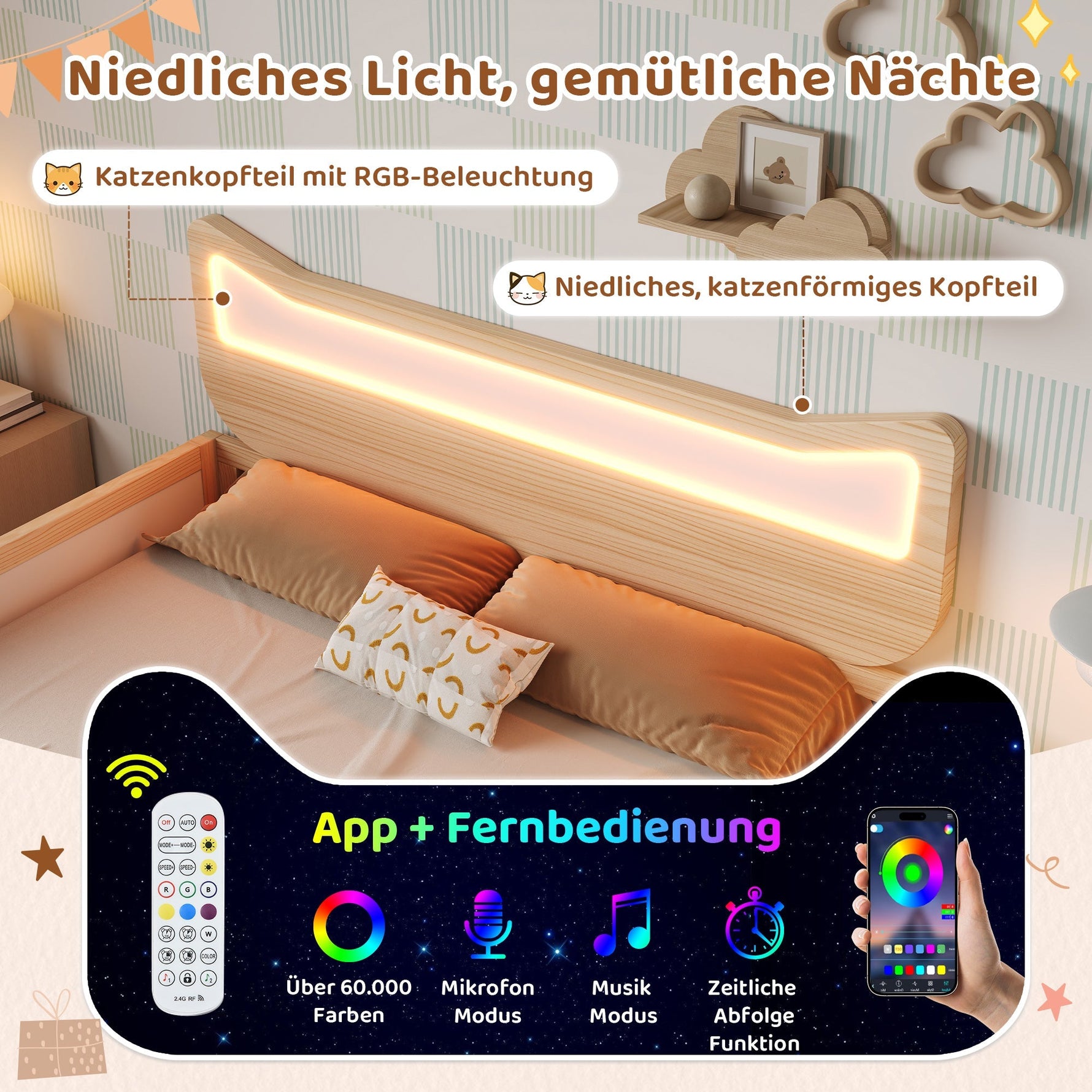 Children's Bed with Cat Ear Headboard, RGB LED Lighting, Storage Drawer and Safety Rails, 140x200cm, White and Oak