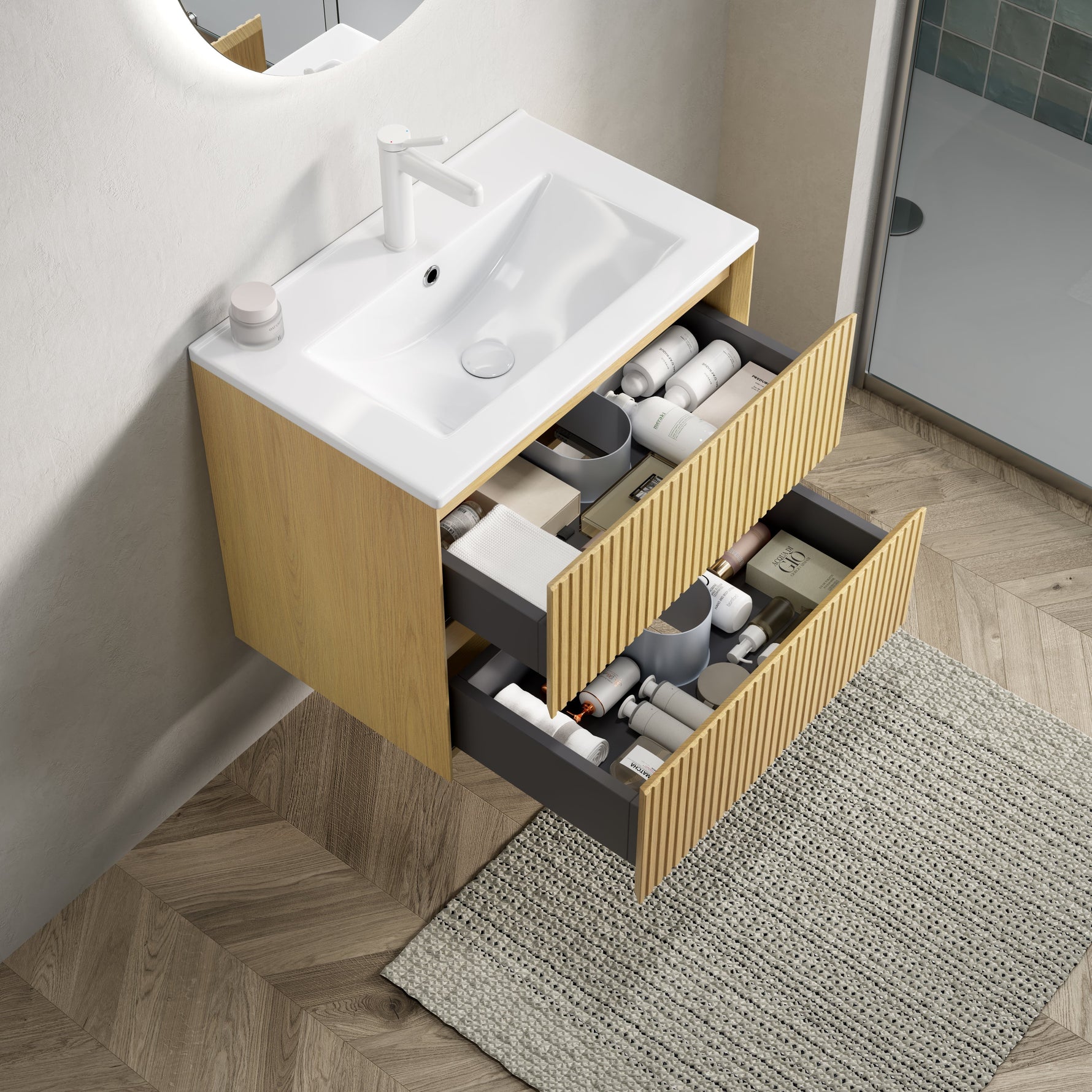 Wall-mounted Bathroom Vanity Unit with Ceramic Sink and 2 Drawers, Collora Wood Grain