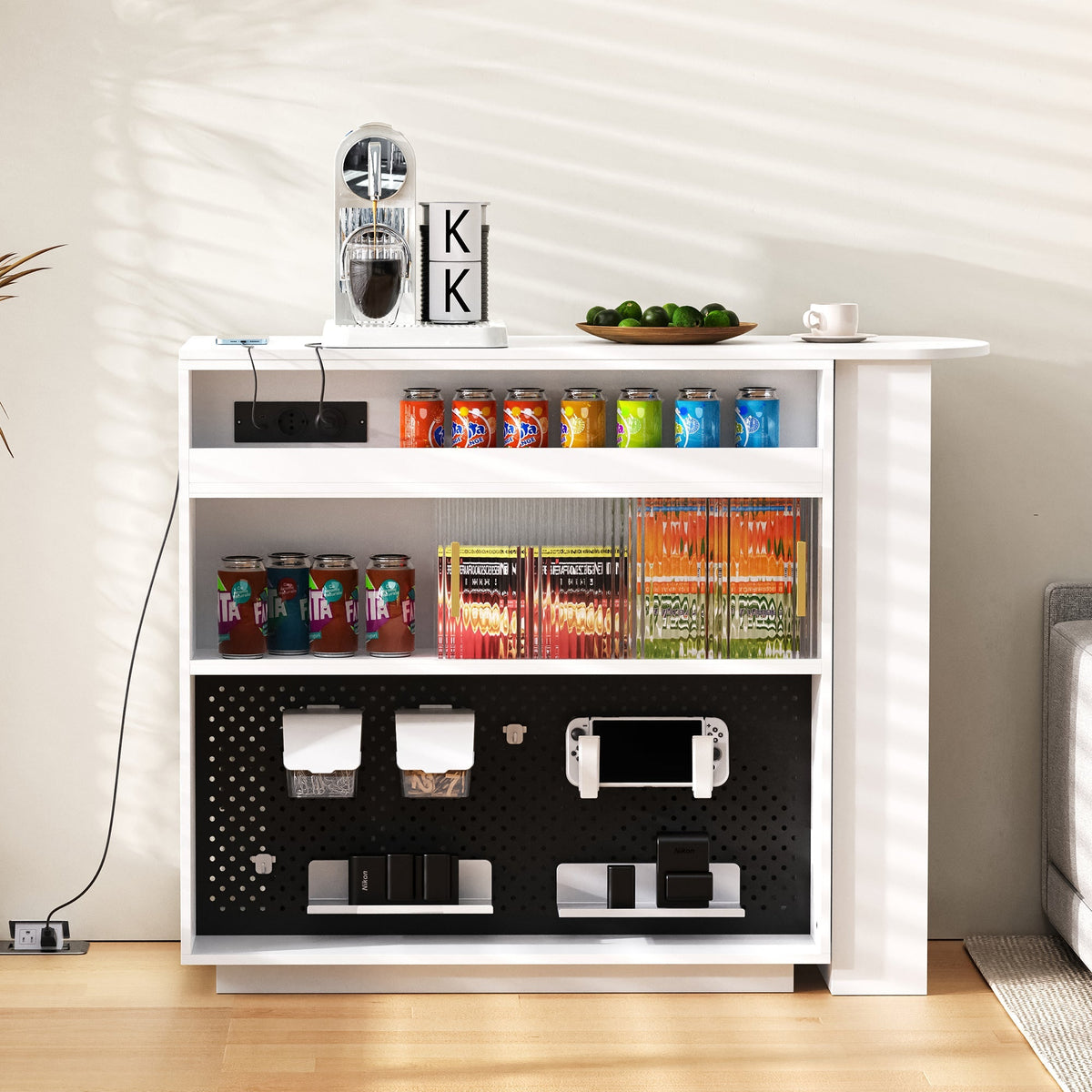 Bar Table Extendable 360° Rotating Sideboard LED Storage Sockets White