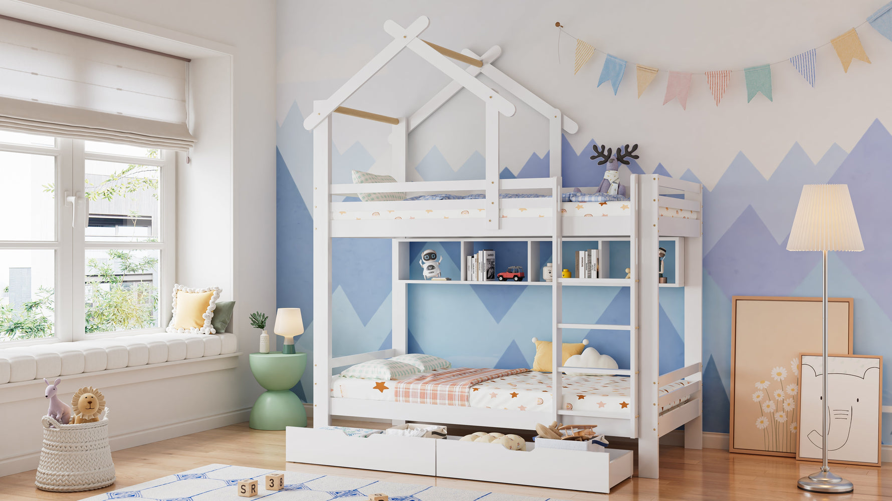 Bunk Bed with Drawers, Shelves & Ladder, Pinewood Frame, White