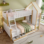Bunk Bed 90x200cm/140x200cm, House Rail, Ladder, 2 Drawers, White + Natural Wood