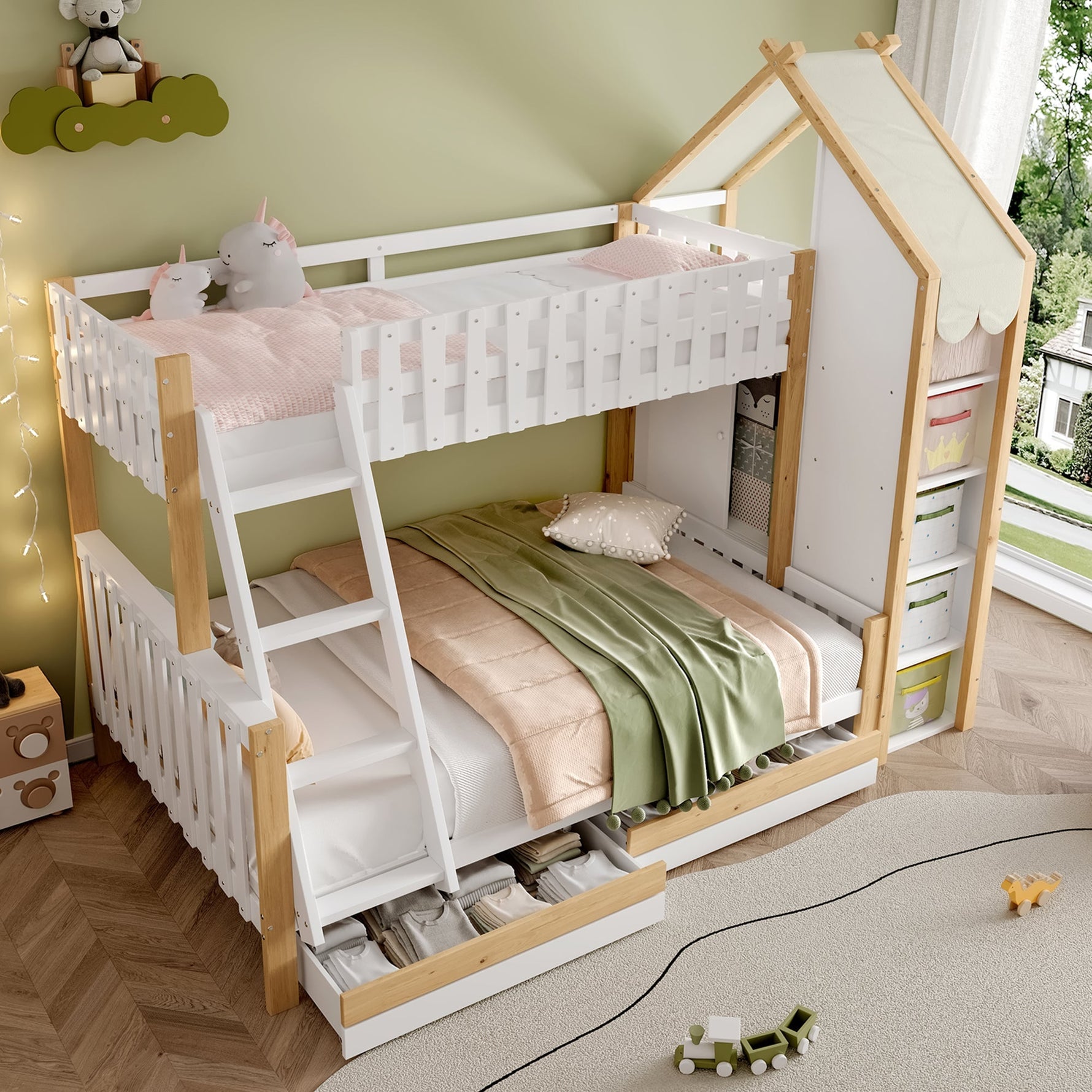 Bunk Bed 90x200cm/140x200cm, House Rail, Ladder, 2 Drawers, White + Natural Wood
