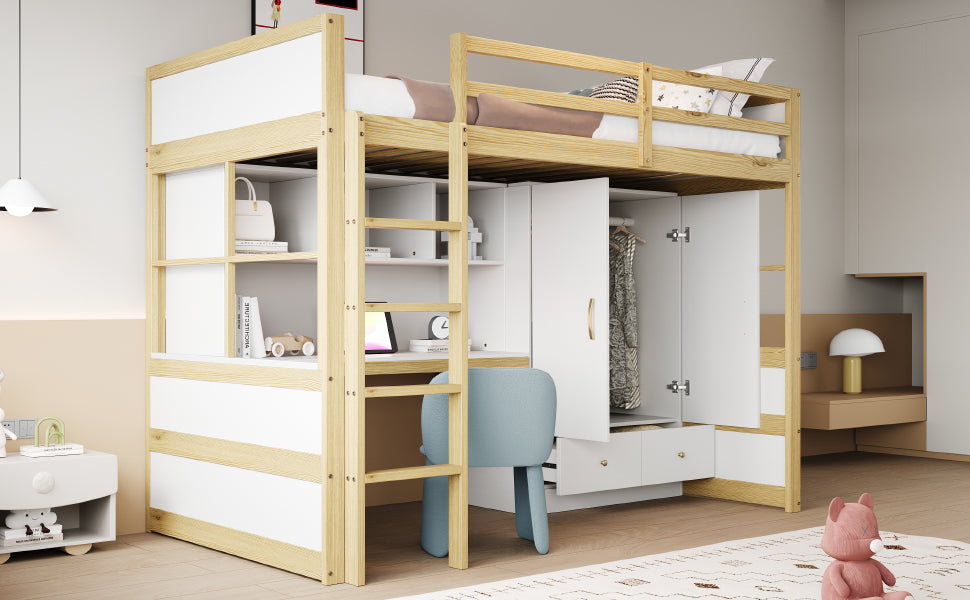 Loft Bed, 90x200cm with Ladder, Desk, Wardrobe & Drawers, Wood Color
