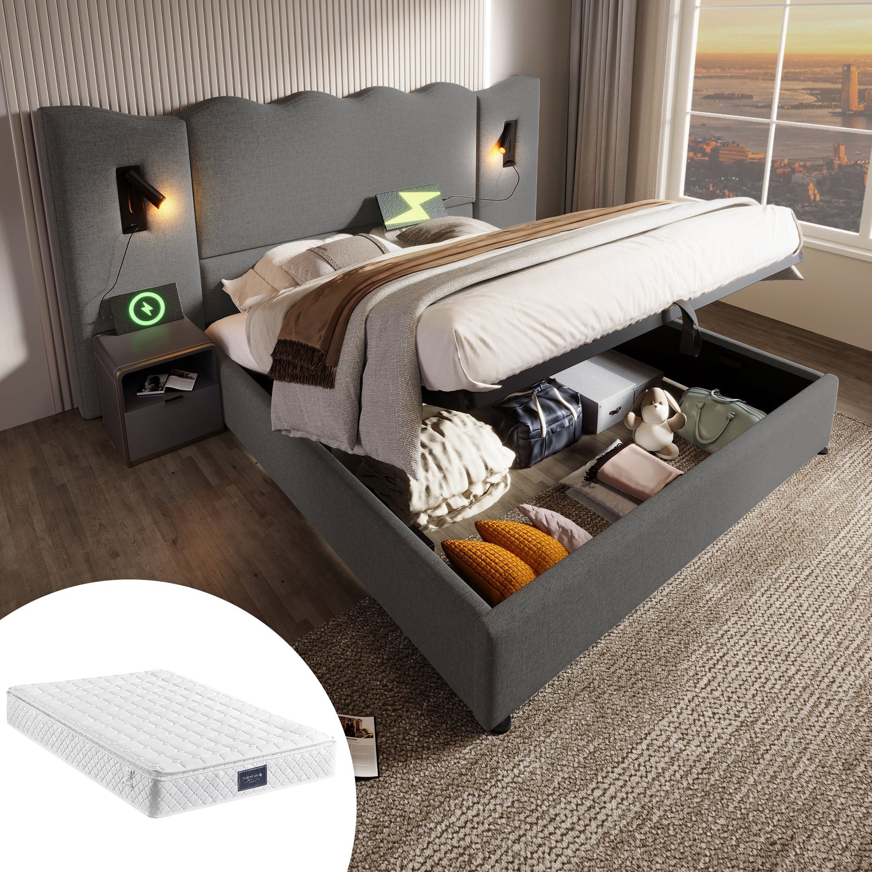 Upholstered Double Bed 160x200, Reading Lamp & USB-C, Storage, Solid Wood & Metal, Grey Linen