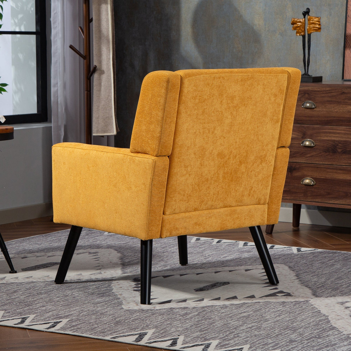 Upholstered Armchair with Buttoned Padding and Solid Wood Legs, Suede Black