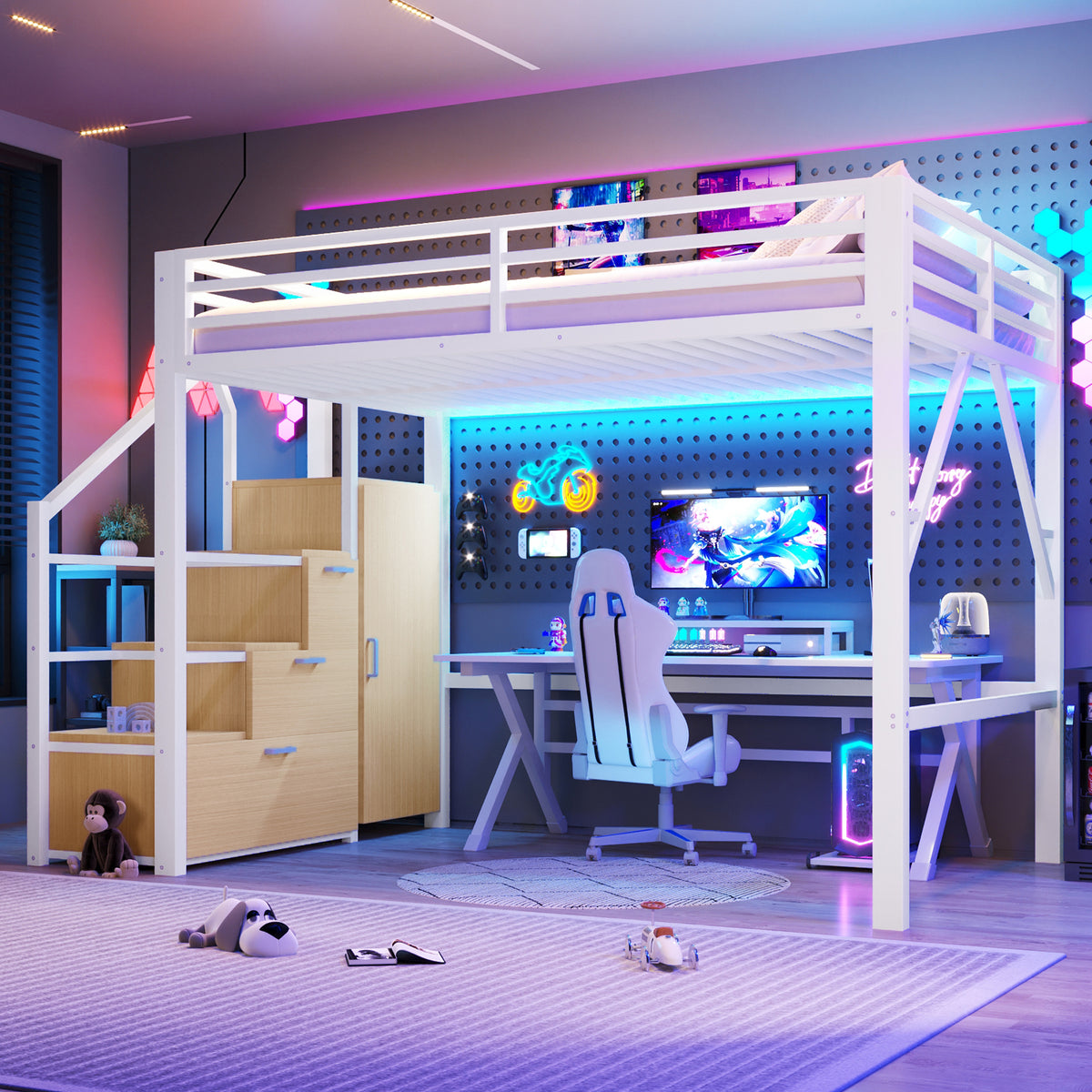 Loft Bed 140x200cm with Storage & Wardrobe in White Metal