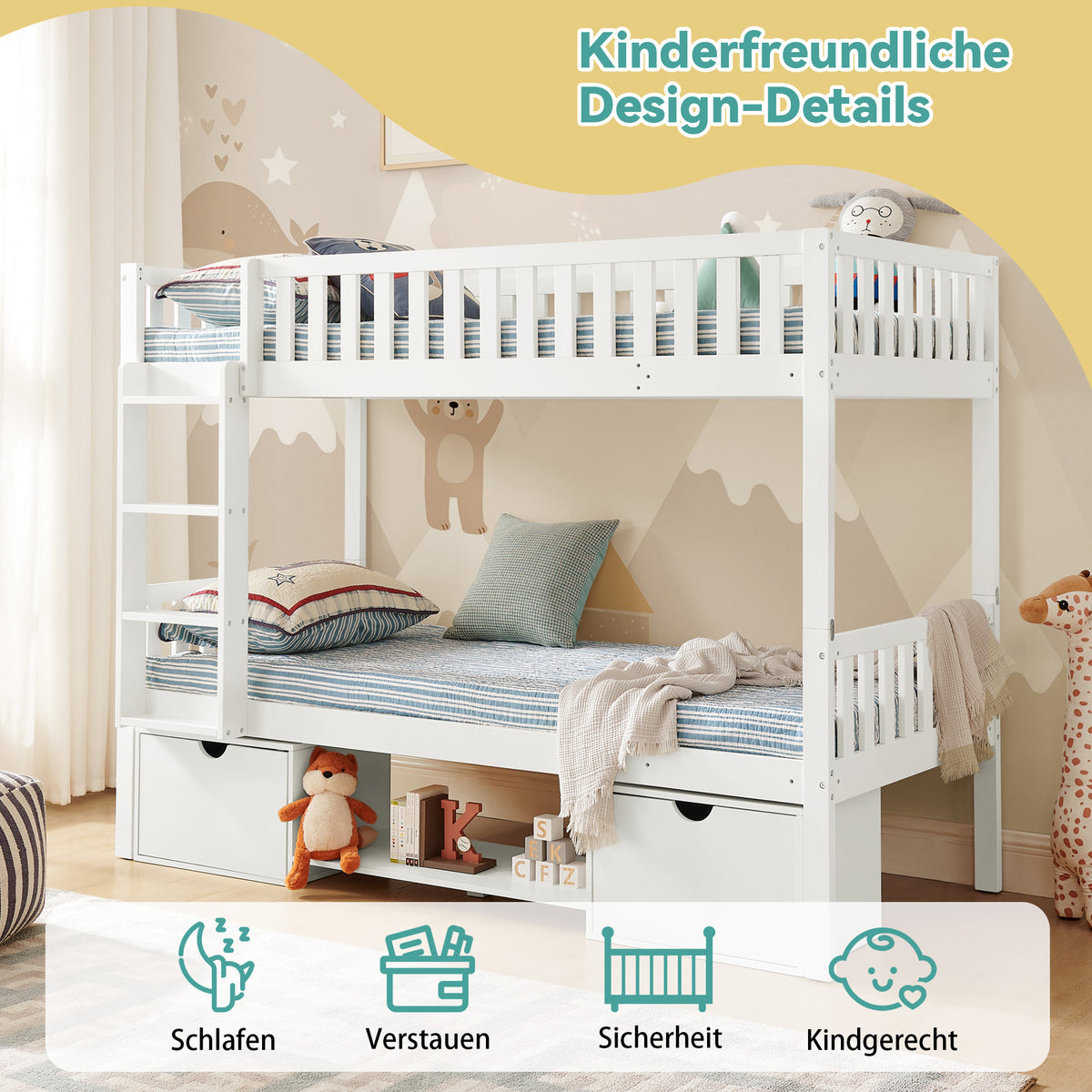 Children's Bunk Bed 90x200cm with Storage Drawers, White Pine Wood