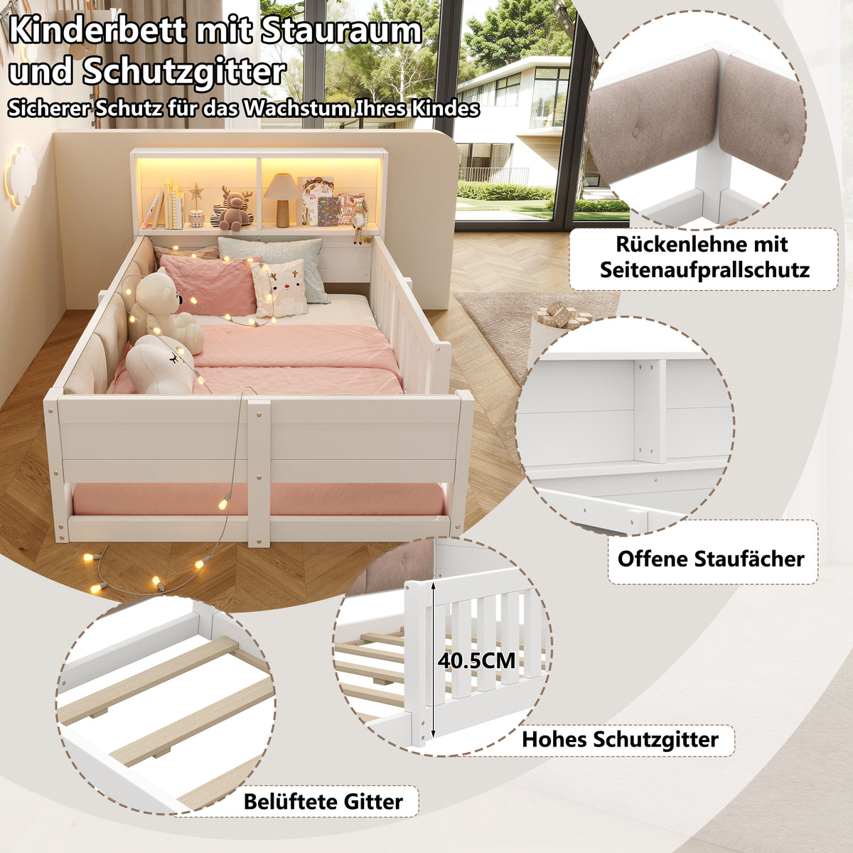 Flatbed Kids Bed 90x200cm with LED Light & Railings, White