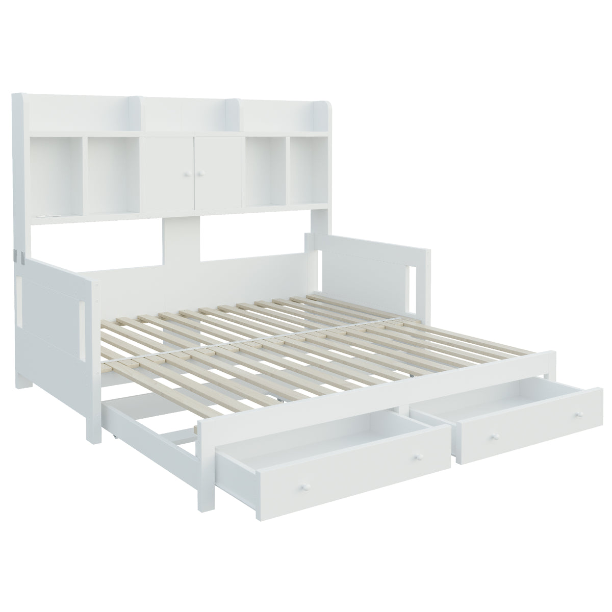 Extendable Wooden Sofa Bed with Storage Drawers & LED - White