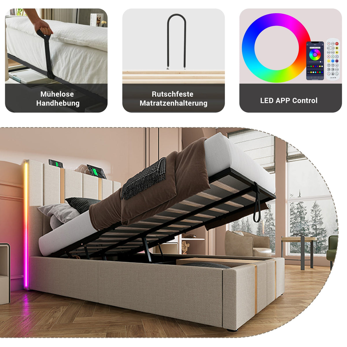 Upholstered Bed, USB C, LED, Storage, 90x200, Wood Slats, Beige Linen