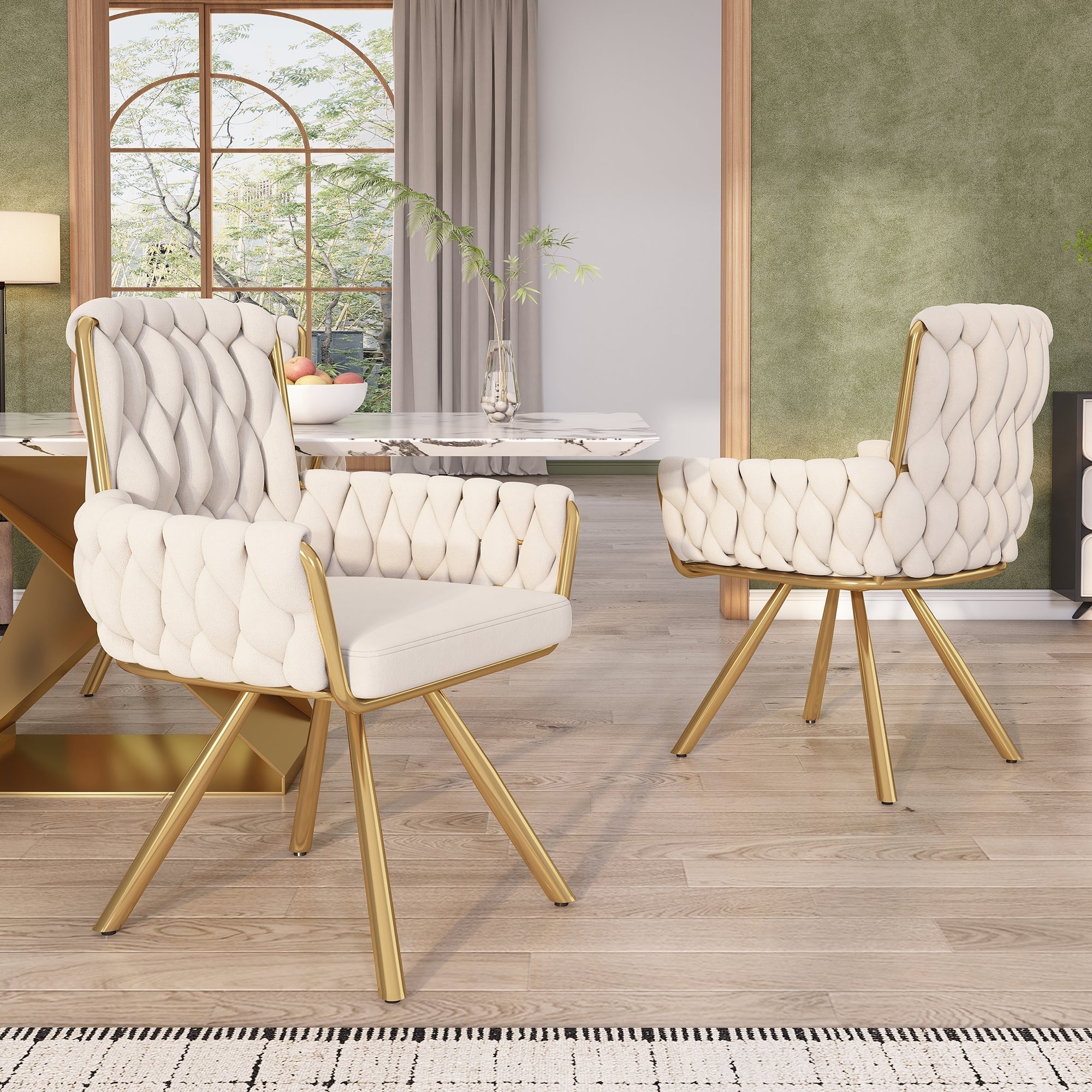 Velvet Dining Chair Set of 2, Luxury Swivel Armchair with Metal Legs, Beige