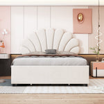 Upholstered Bed, 140x200cm Flower Headboard, Storage, Velvet Beige