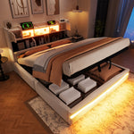 Upholstered Bed 160x200cm Hydraulic Storage Headboard with USB-C & LED Lights Beige