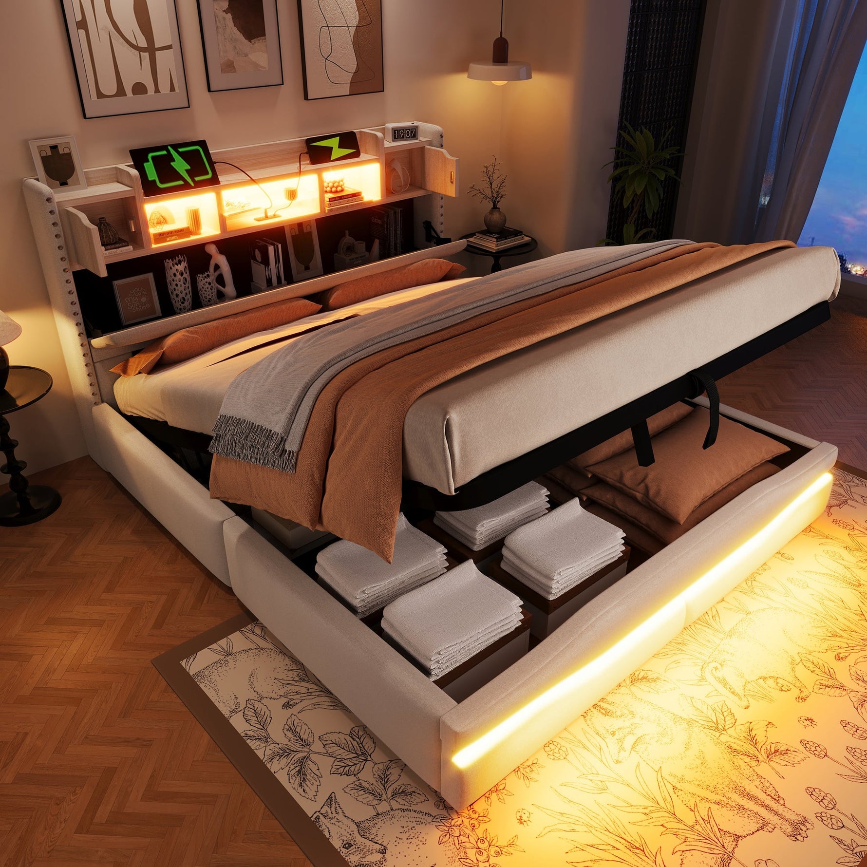 Upholstered Bed 160x200cm Hydraulic Storage Headboard with USB-C & LED Lights Beige