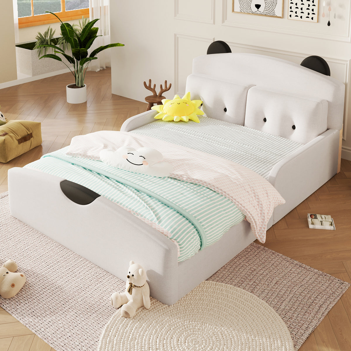 Platform Bed 140x200 with Bear Headboard & Cushions - White Linen