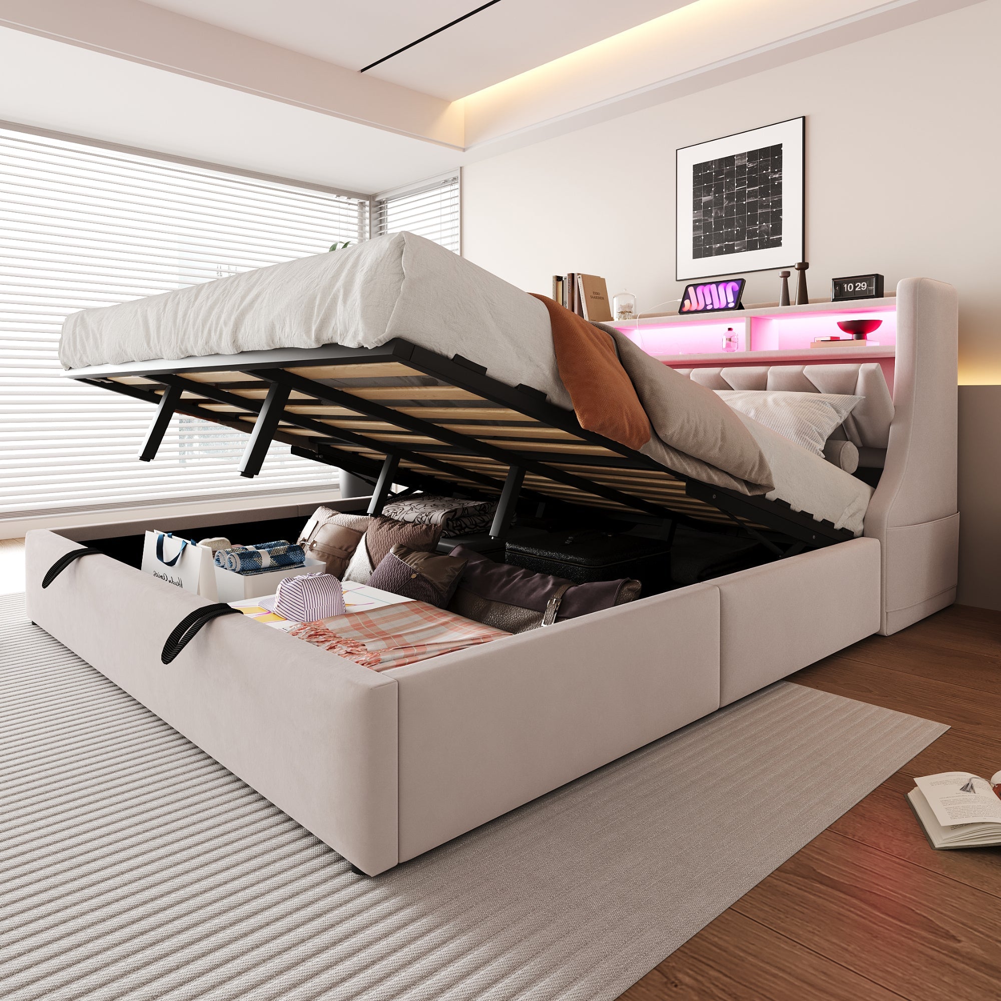 Upholstered Bed 180 x 200 cm, Hydraulic Storage with Fold-Down Headboard and LED Lighting, Beige Velvet