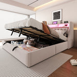Upholstered Bed 180 x 200 cm, Hydraulic Storage with Fold-Down Headboard and LED Lighting, Beige Velvet