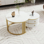 Coffee Table, 2-in-1 Round with 2 Drawers, White Marble & MDF