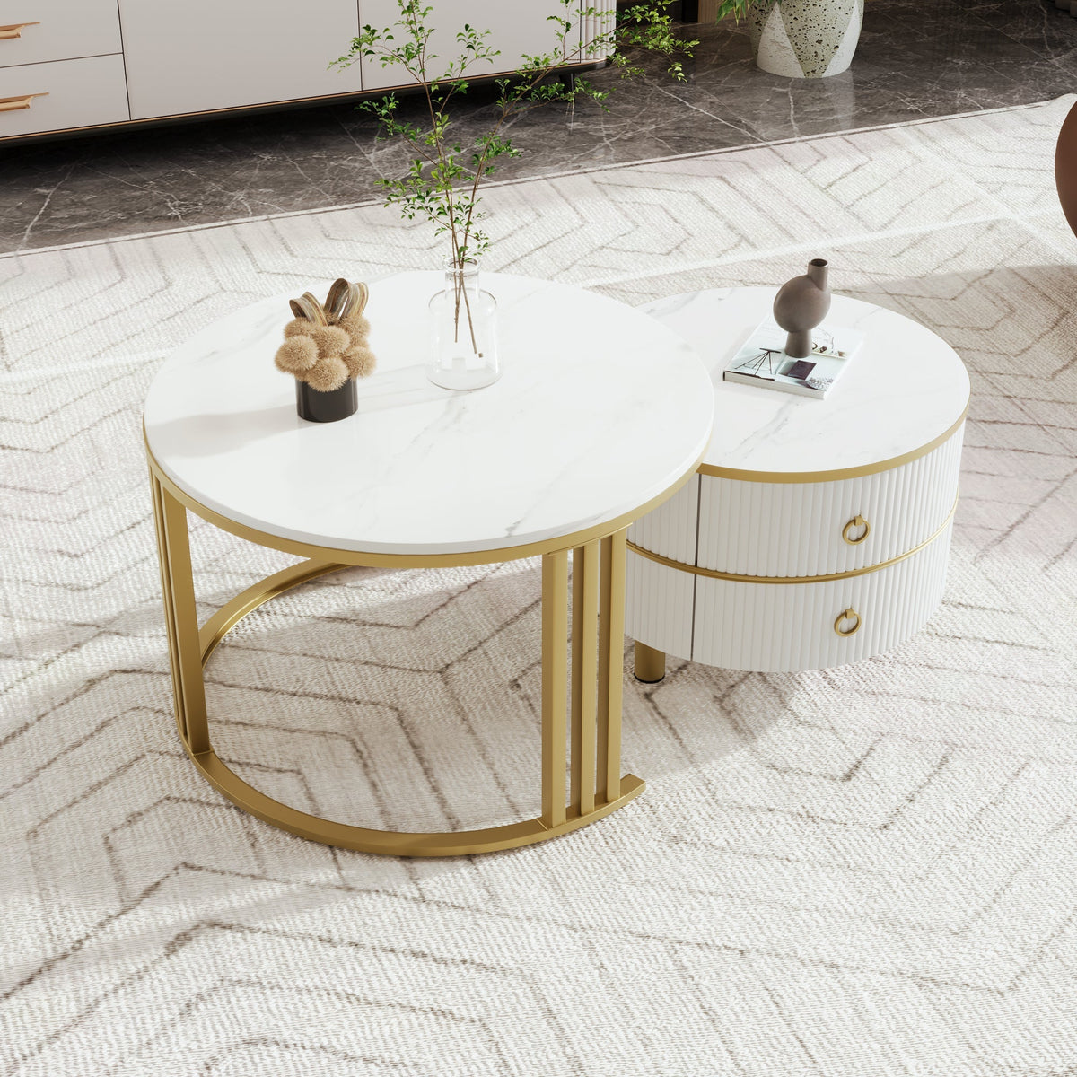 Coffee Table, 2-in-1 Round with 2 Drawers, White Marble & MDF