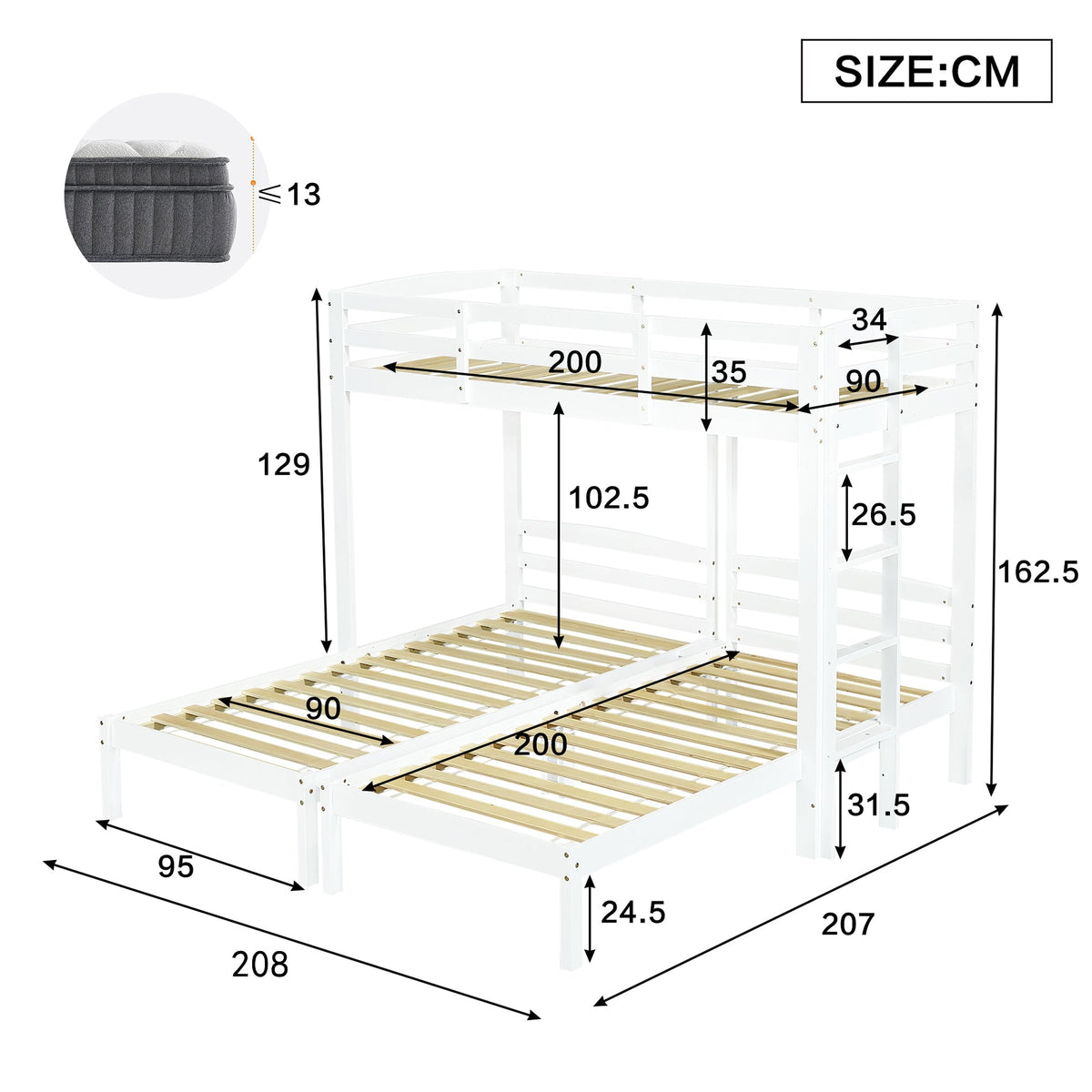 Triple Bunk Bed 90x200cm Side Ladder for Children/Teens, White
