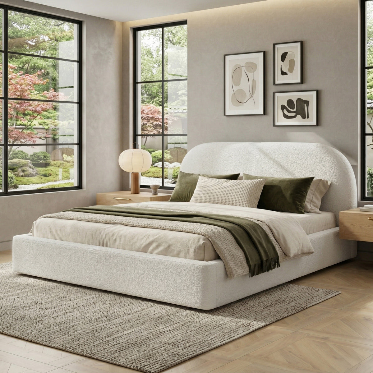 Upholstered Double Bed 180x200cm Slatted Base, Beige Bouclé