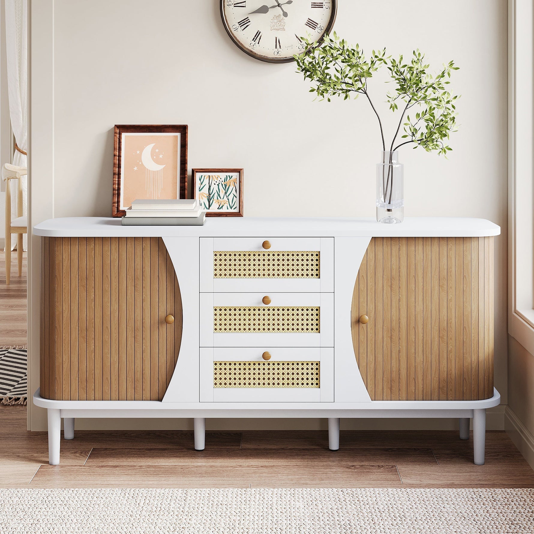 Sideboard Rattan Sliding Doors Adjustable Shelves - Curved Top