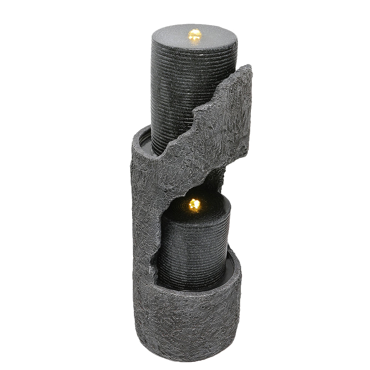 Garden Fountain with LED Lighting, Water Pump and Decorative Basin, Grey Artificial Stone