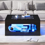 Coffee Table 70x70x35cm Square Hollowed-Out Tempered Glass LED High-Gloss Black MDF