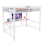 Gaming Metal Loft Bed Frame with LED Lighting, USB Charging Station and Desk, White