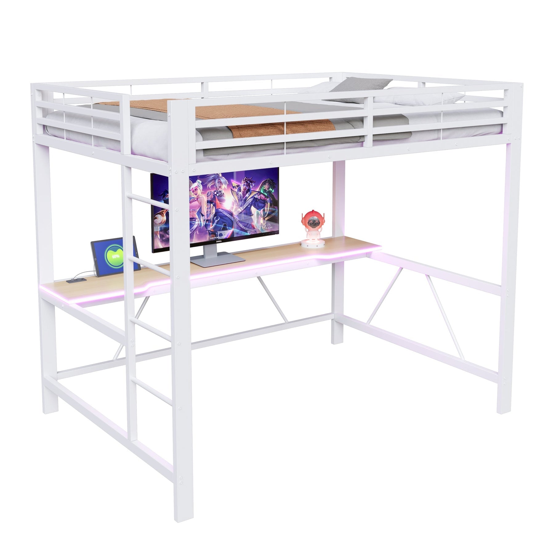 Gaming Metal Loft Bed Frame with LED Lighting, USB Charging Station and Desk, White