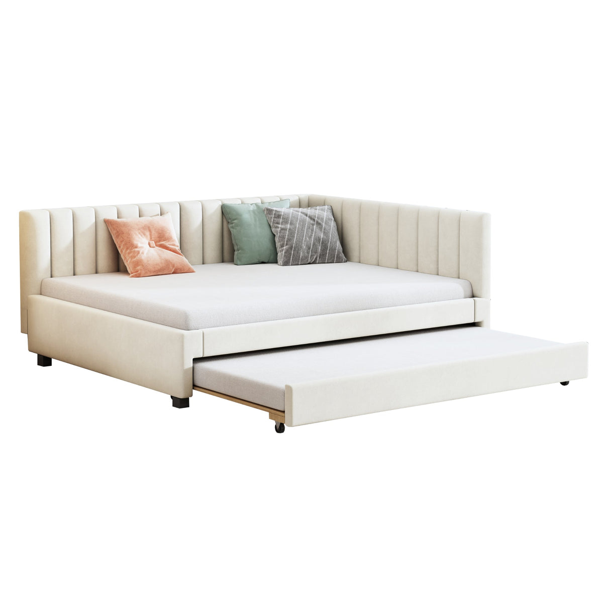 Upholstered Bed 140*200, Pull-Out Sofa Bed with Slatted Frame, Velvet Fabric Beige