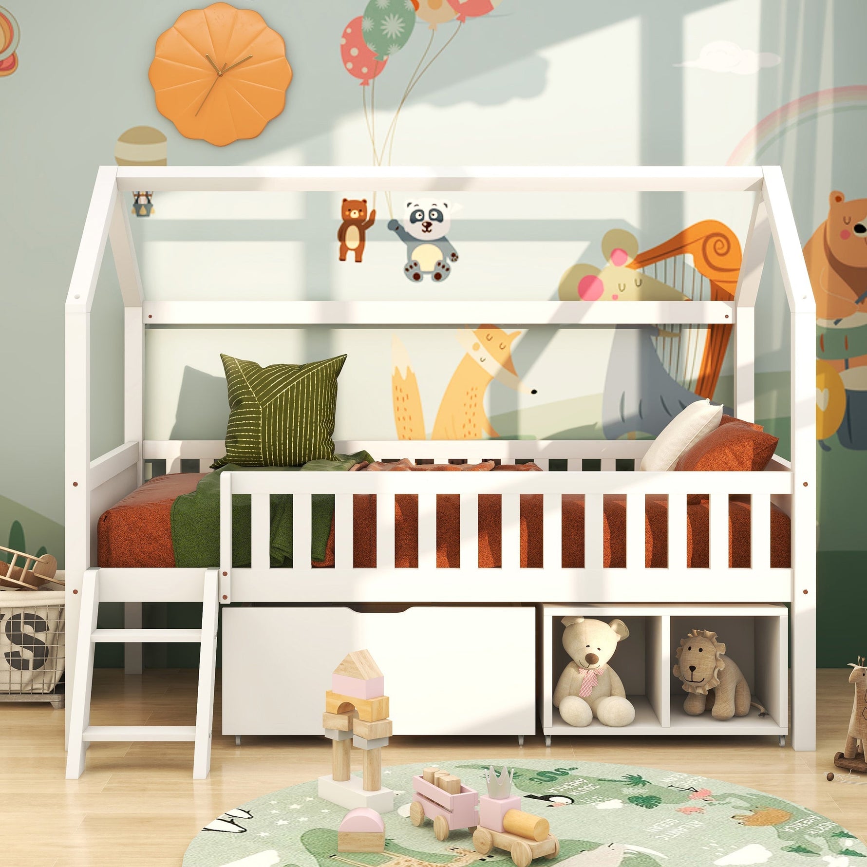 House Bed for Children and Youth 200x90 with Drawers, Storage and Anti-Drop Railing, White Pine