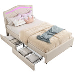 Upholstered Bed 90x200 with LED & 2 Drawers, Beige Linen