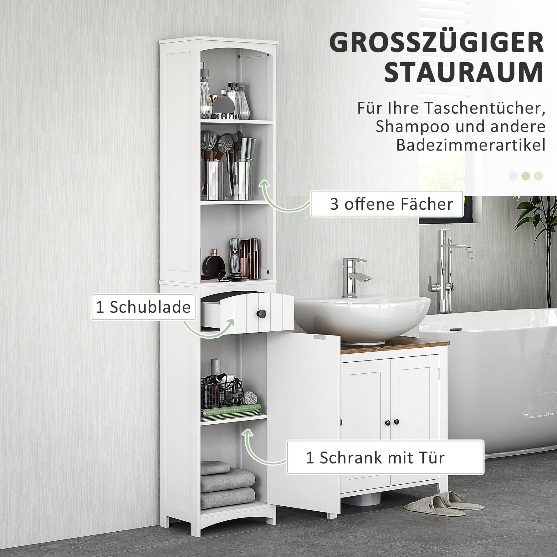 Bathroom Cabinet, Tall with 3 Shelves, 1 Drawer, White