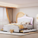 Children's Bed Upholstered with Storage Drawers & LED Lights, White PU Leather