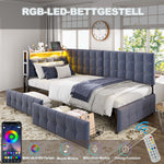 Upholstered Sofa Bed 90x200 Multifunctional LED USB/Type-C Drawers Grey