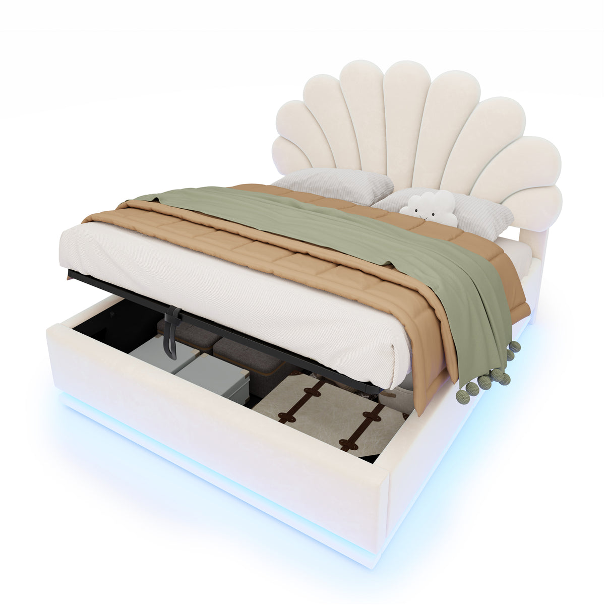 Upholstered Bed 140x200cm with Storage & LED Light, Beige Velvet