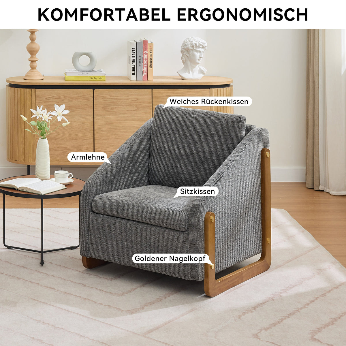 057 Armchair, Accent Lounge Chair with Wooden Armrests & Back Cushion, Grey Chenille Fabric