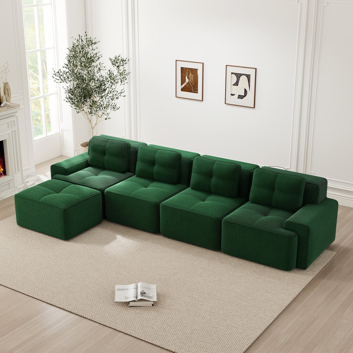 Boneless Sofa Modular L-Shaped Chaise Lounge 4-Seater Deep-Seat - Corduroy Green