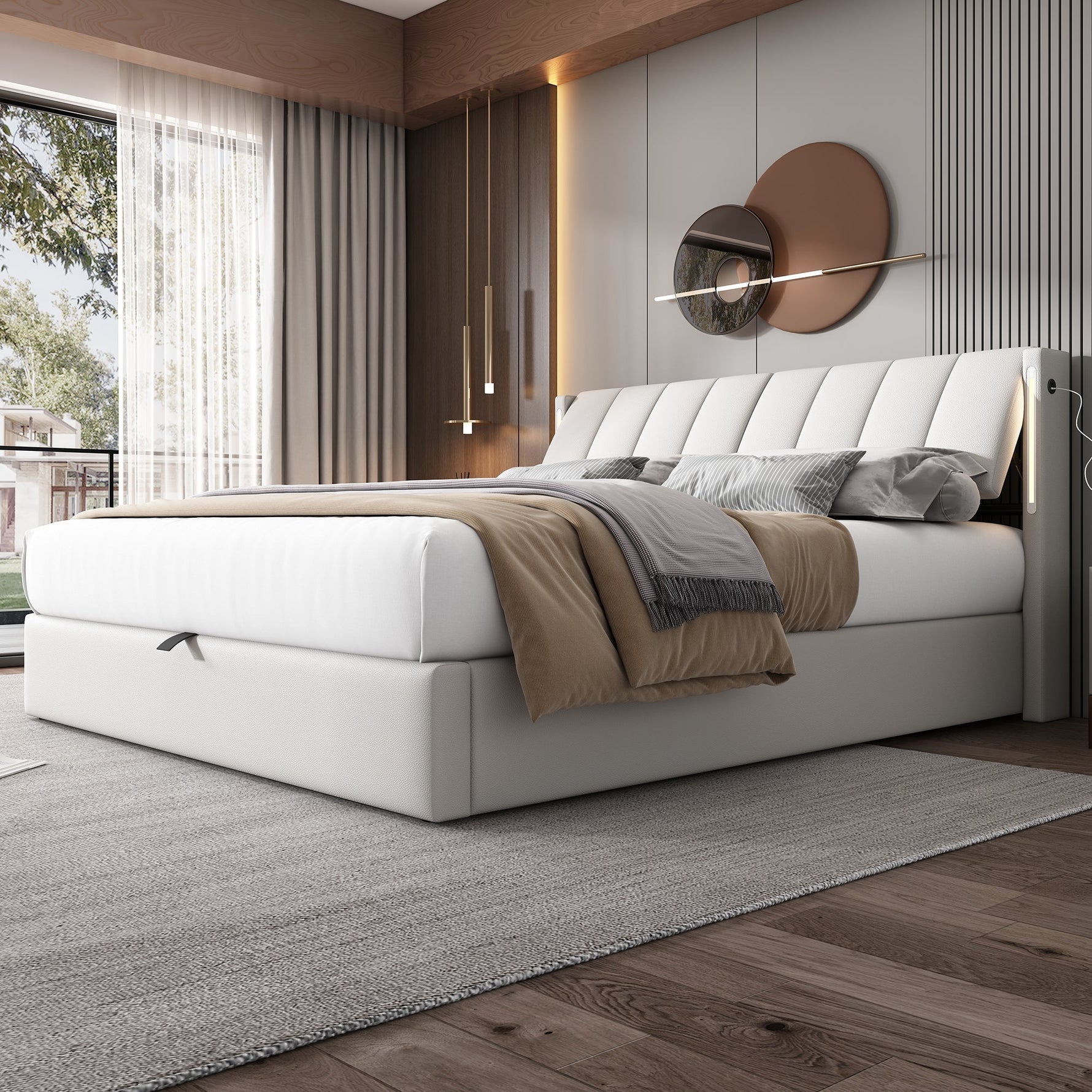 Binaural LED Upholstered Bed with Hydraulic Storage, USB Port and Adjustable Headboard, 180x200cm, White PU Pebble