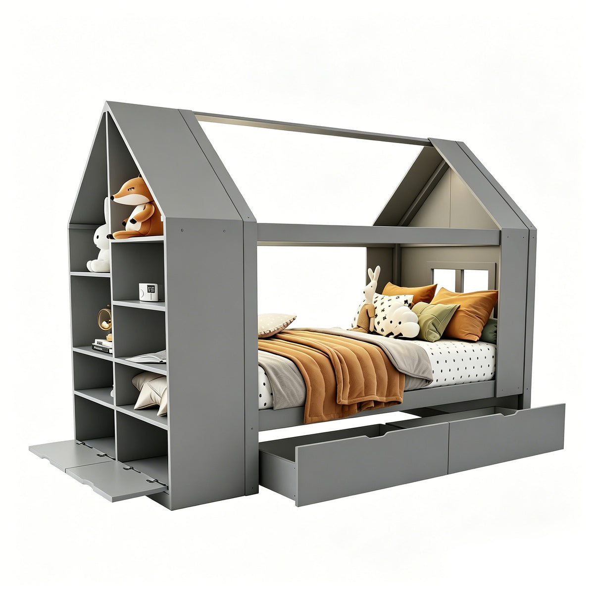 Children's House Bed 90x200cm with Storage Drawers & LED, Grey