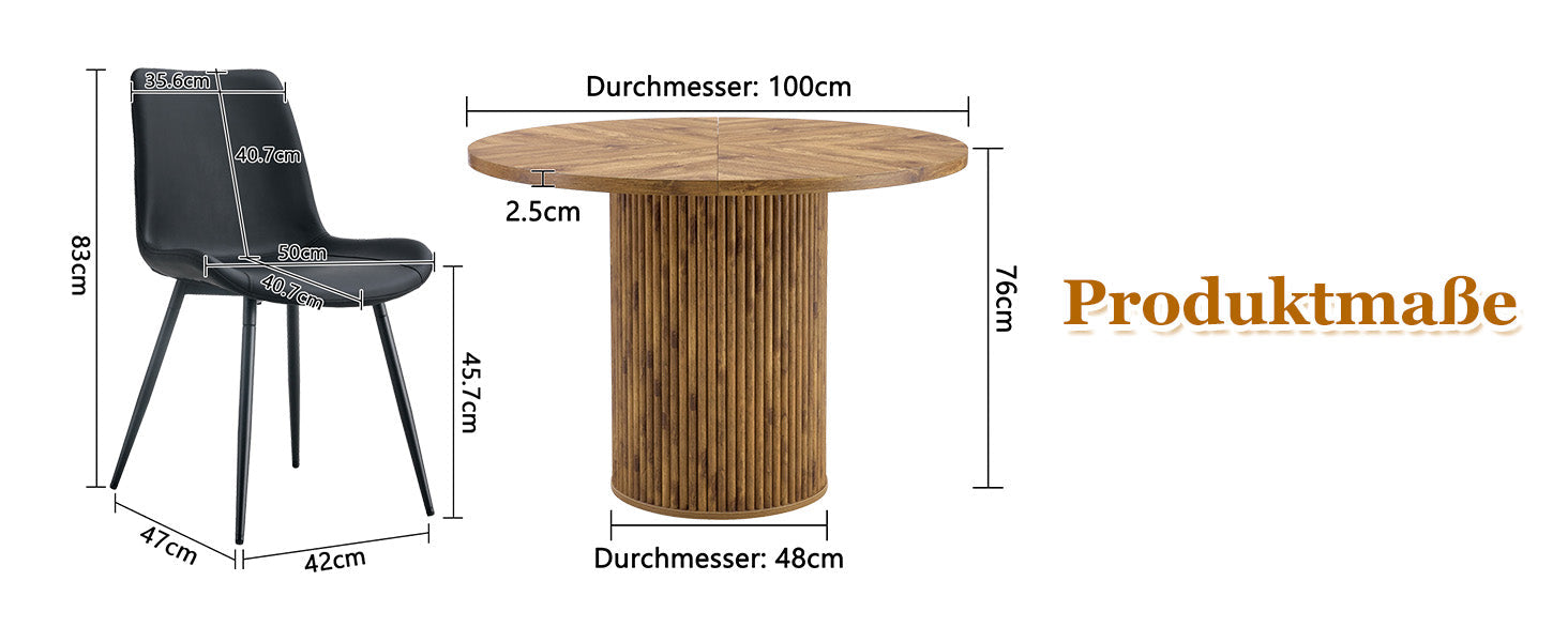Round Dining Set 100cm Table 4 Faux Leather Chairs - Wood Look/Black