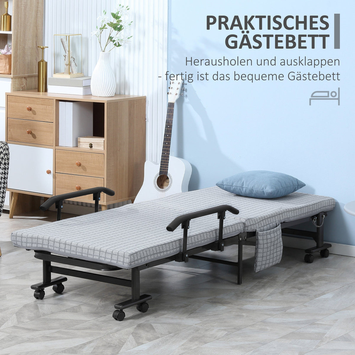 Folding Guest Bed, Adjustable Backrest, Wheels, Steel Frame, Light Grey/Black, 190x76x33cm