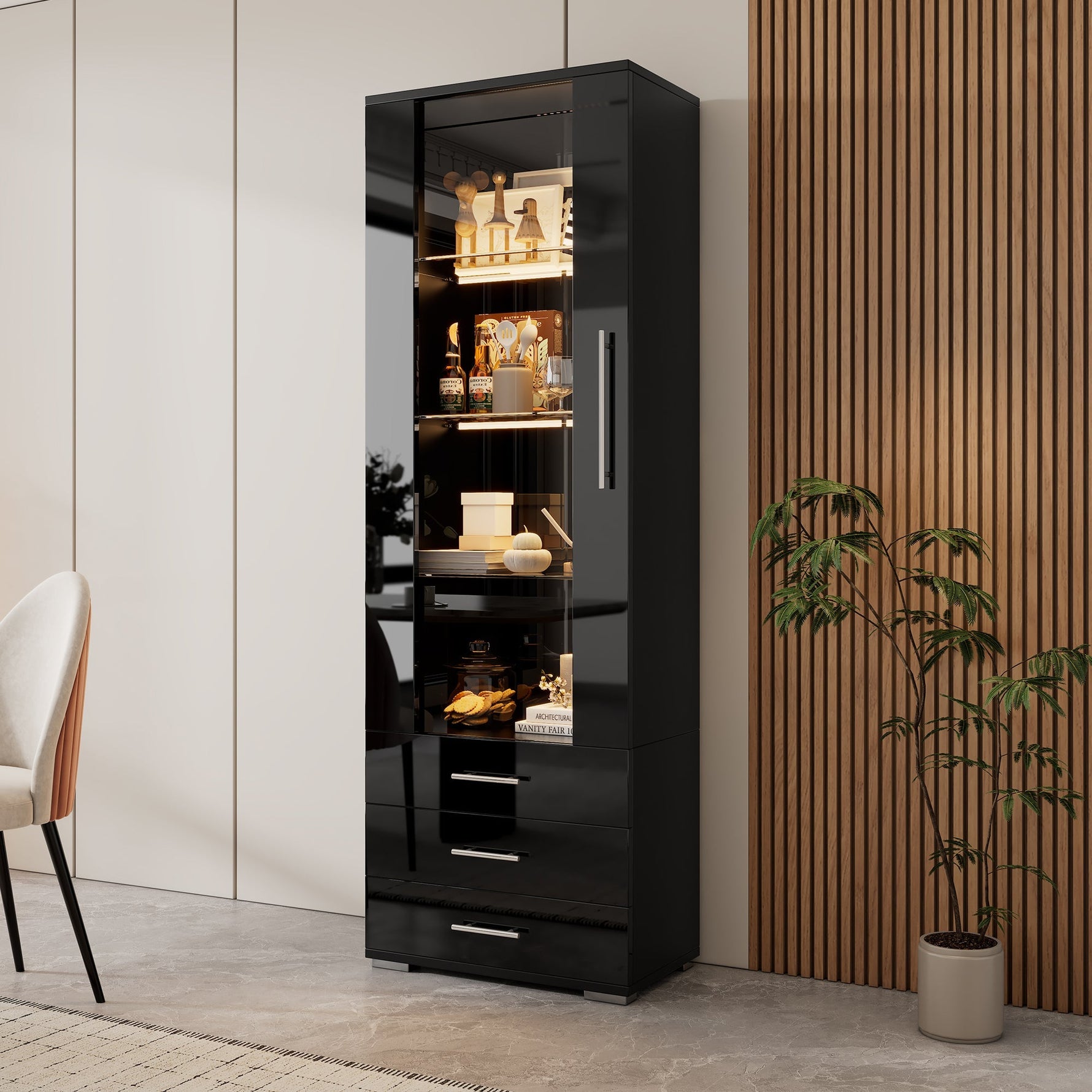Display Cabinet, Vertical Freestanding LED 3 Drawers 60x35x180cm, Black High-Gloss Glass