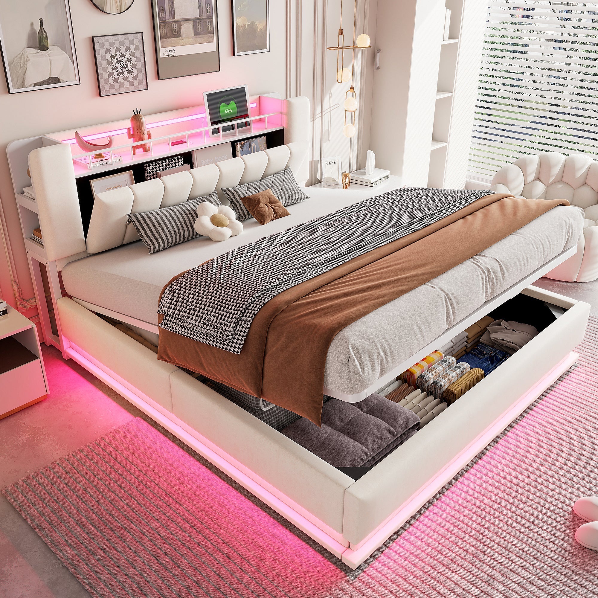 Smart Upholstered Bed with LED, USB and Hydraulic Storage, Beige Velvet